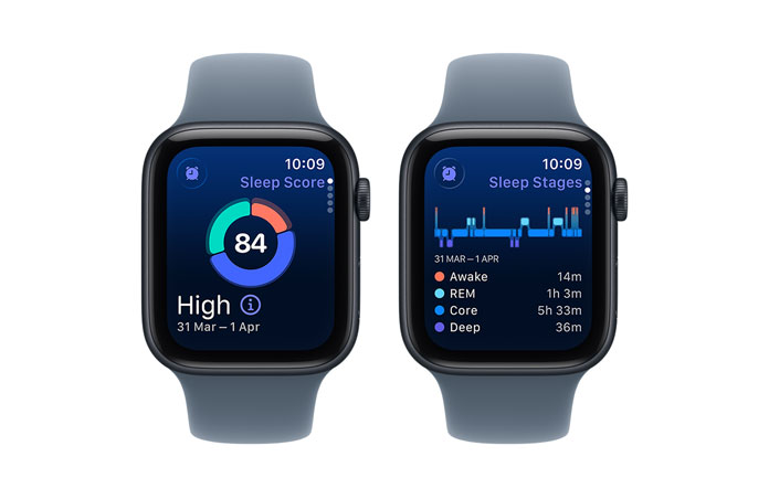 Apple Watch SE 3, sleep score, circle graph and score number, sleep stages analyses awake, REM, core and deep sleep stages