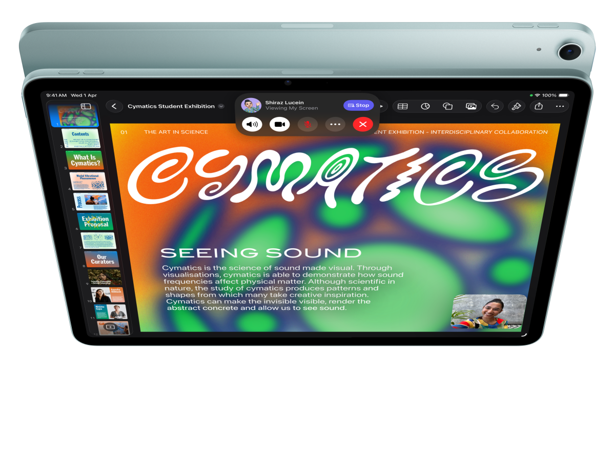 iPad Air, front exterior, user is on FaceTime and looking at Keynote in front of another iPad Air, back exterior