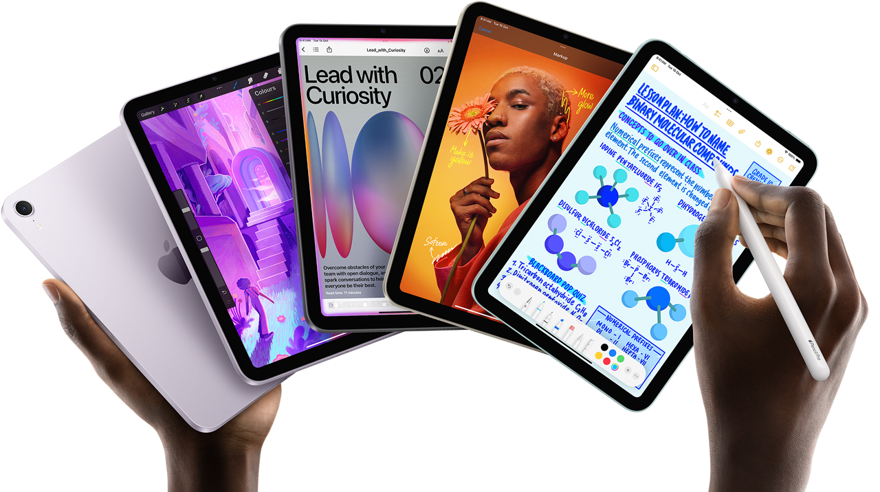 Five iPad mini models are shown in a fan formation held by a user’s hands. One model shows the back camera, the other four are front facing. Apple Pencil Pro is being used to take notes.