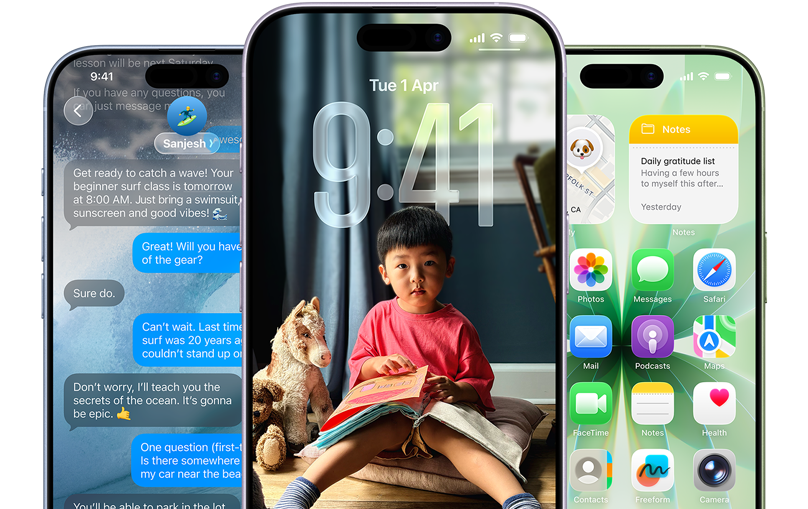 iPhone 17 devices, front exterior, colors: mist blue, lavender, sage, iOS features - Background with messages, Liquid Glass showing the Lock Screen and Home Screen with various apps displayed