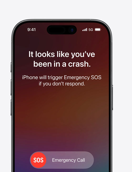 Side-by-side, iPhone screen showing Messages, Find My, Roadside Assistance widgets available via Satellite, iPhone screen showing Emergency SOS in use, iPhone screen showing Roadside Assistance in use