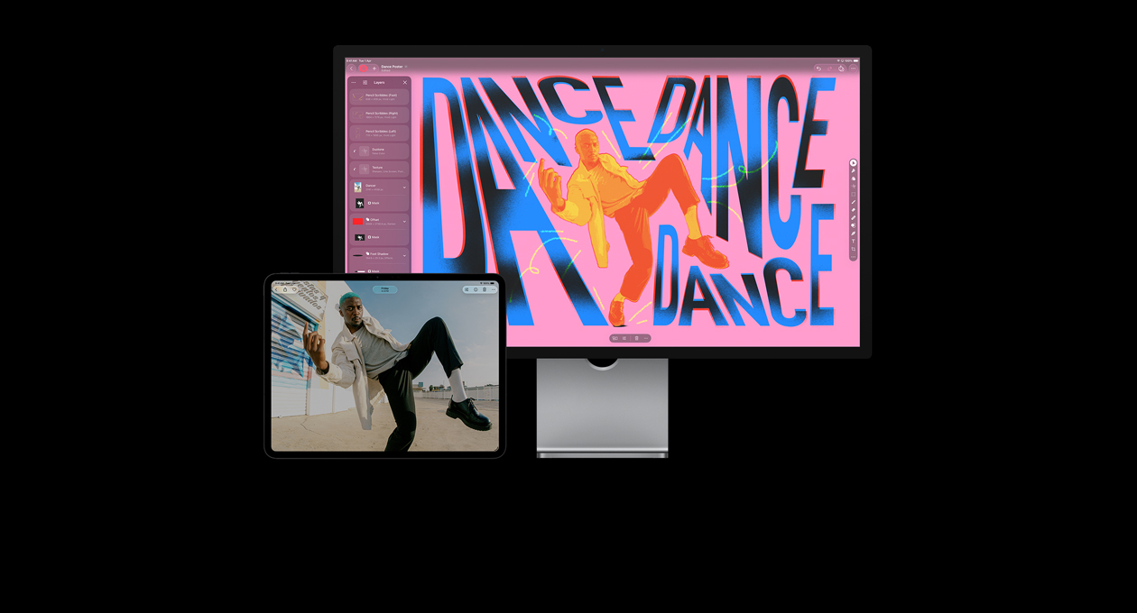 iPad Pro 13″ screen, photo of man dancing, iMac screen, same photo of man but retouched to add colour and type