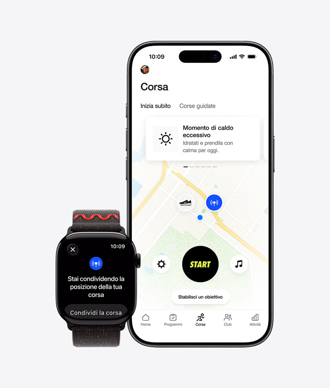Apple Watch Series 11, condivisione della posizione sullo schermo, iPhone 17, l’app Nike Run Club traccia il percorso di un allenamento di corsa outdoor
