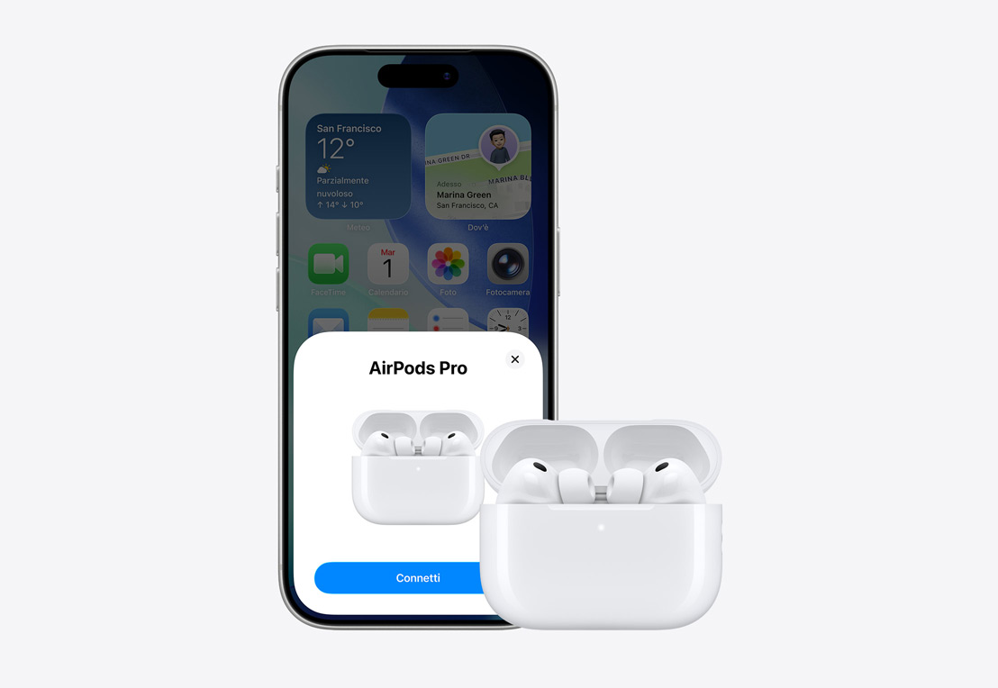 iPhone mostrato di fronte, sul display un messaggio per collegare gli AirPods, e accanto gli AirPods nella custodia aperta