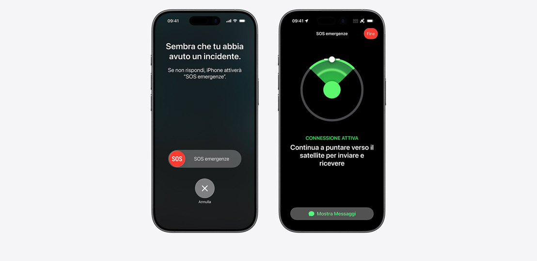 Due iPhone uno accanto all’altro, uno schermo mostra la funzione Rilevamento incidenti, l’altro mostra la funzione SOS emergenze in uso