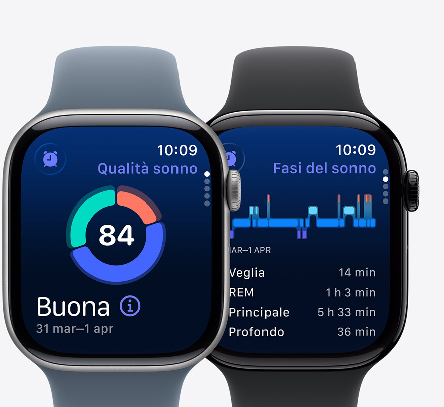 Due Apple Watch Series 10 visti di fronte che mostrano rispettivamente la schermata della funzione “Fasi del sonno” e la notifica di una possibile apnea notturna.