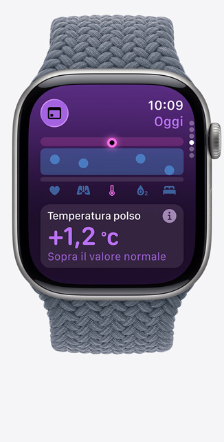 Apple Watch Series 11,  titanium case, slate color, Vitals app, chart scoring health, wrist temperature above baseline notification, right side, Digital Crown, anchor blue Braided Solo Loop