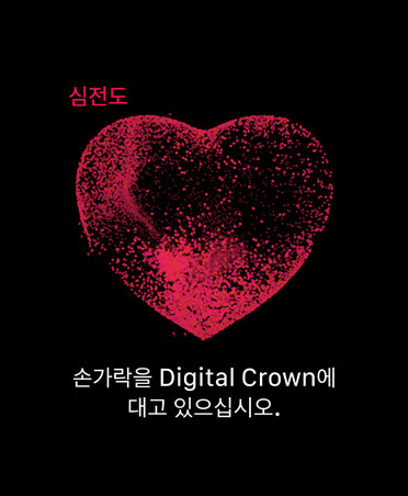 심전도 앱에서 빨간색 심장 이미지와 함께 손가락을 Digital Crown에 대서 심전도 판독을 시작하라는 메시지가 표시된 모습
