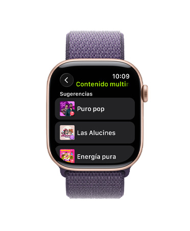Apple Watch Series 11, color oro rosa, caja de aluminio, Apple Music, sugerencias de música y podcasts, parte lateral derecha, Digital Crown, correa loop deportiva morado niebla
