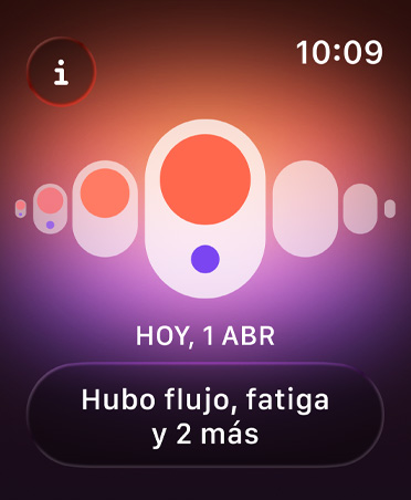Control del Ciclo en la app Salud, puntos naranja y morados resaltan distintos síntomas menstruales