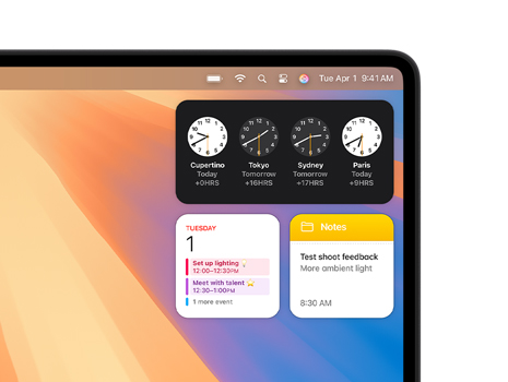 Una computadora de escritorio Mac muestra diferentes widgets, como Reloj, Calendario y Notas.