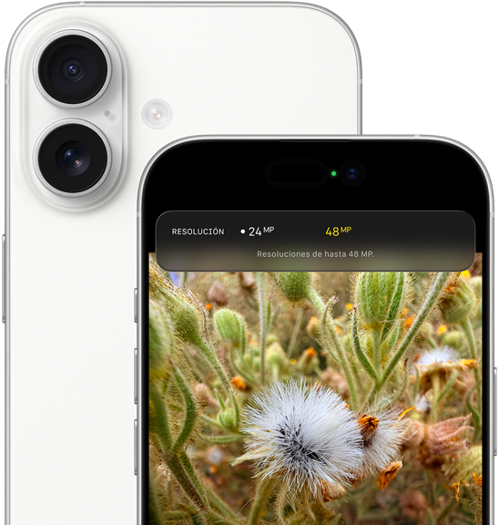 iPhone 17, parte posterior, esquinas redondeadas, sistema de dos cámaras Fusion en la parte superior izquierda, color blanco, parte frontal, Dynamic Island, esquinas redondeadas