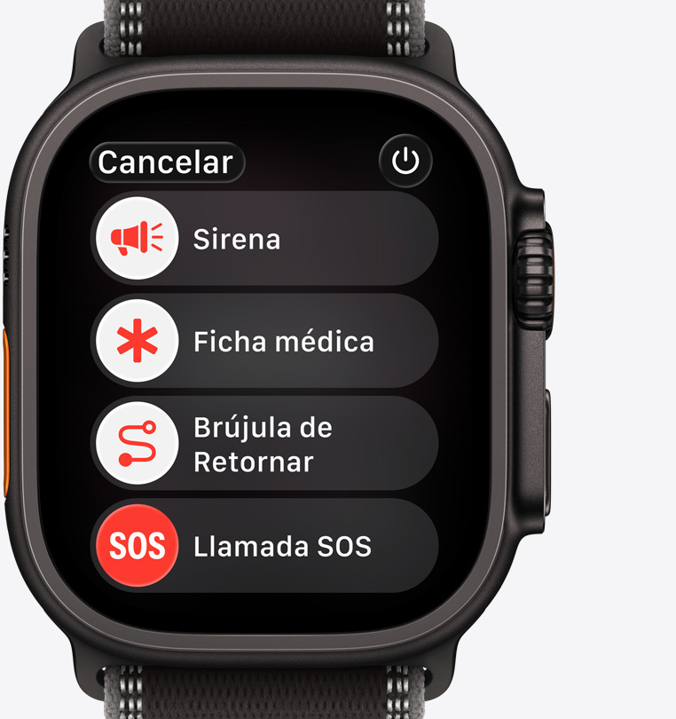 Apple Watch Ultra 3, caja de titanio, negro, opciones de ayuda ante una emergencia en pantalla: Ficha Médica, Brújula de Retornar, llamada de emergencia