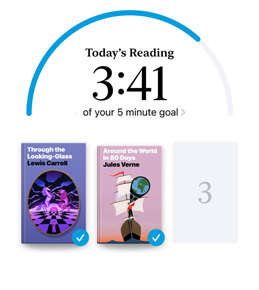 iPhone screen showing the Reading Goals interface in the Books app. At the top, there is a progress ring for a reading goal. Below the progress ring are three book covers. Beneath the book covers is text that one more book is needed to reach the 2024 goal of reading eight books.