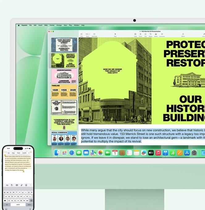 Zaļš iMac un iPhone sānu pie sāna. Īsziņa no iPhone Notes aplikācijas tiek kopēta uz iMac