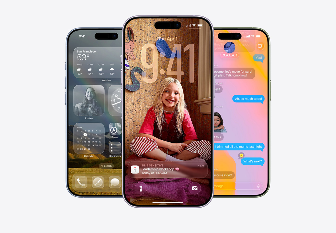iPhone ekrāns, kurā redzams zvanu filtrēšanas uznirstošais logs, iPhone ekrāns, kurā redzams Calendar aplikācijas uznirstošais logs uz personalizēta fona ar bērna bildi, iPhone ekrāns, kurā redzama Messages aplikācija ar Liquid Glass dizainu