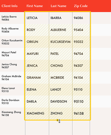 جدول بيانات باللونين الأبيض والأحمر يعرض معلومات عن عميل، ميزة Magic Fill تشير إلى خلايا فارغة تم ملؤها