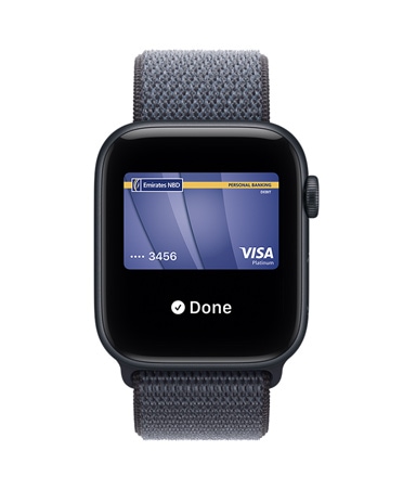 Apple Watch SE 3, aluminum case, midnight color, Apple Pay in Apple Wallet, right side exterior, Digital Crown, band, Sport Loop, anchor blue color