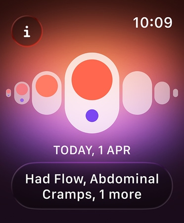 Cycle Tracking in Health app, orange and purple dots highlight different menstruation symptoms