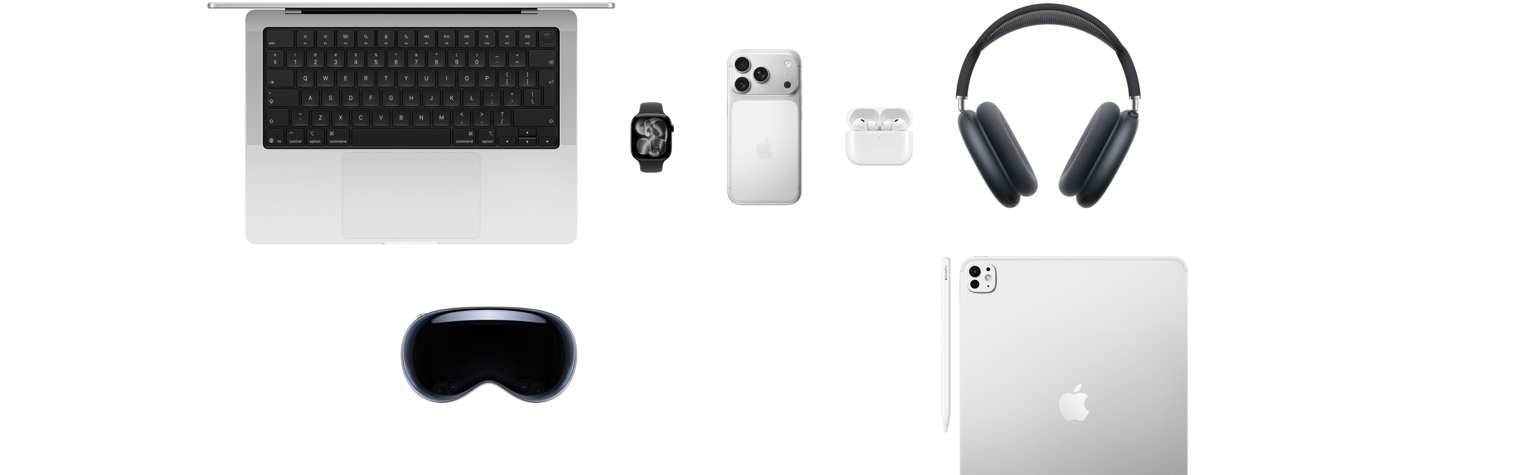 Various Apple products, including a MacBook, an Apple Watch Series 10, an iPhone 16 Pro, AirPods 4, AirPods Max, Apple Vision Pro, an Apple Pencil Pro, and an iPad Pro