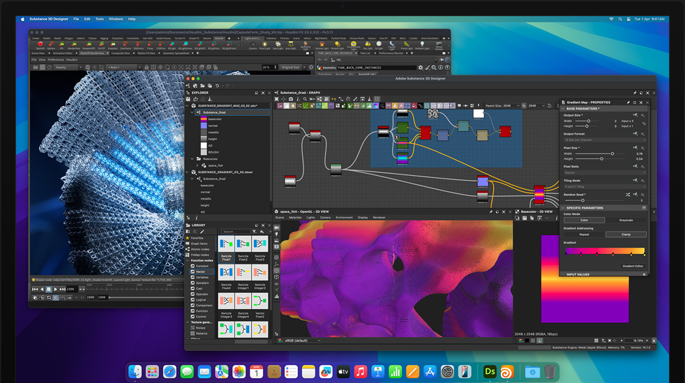 Screen of Adobe Substance Designer and Houdini 3D program being used to edit on M4 Max Mac Studio