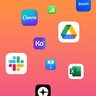 Íconos de apps de productividad como Slack, Canva, Google Workspace, Zoom, Konfío, Keynote, Excel, Clara y Numbers sobre un fondo colorido.
