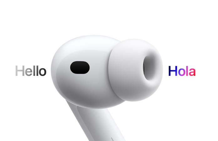 Audífono de los AirPods Pro 3 que muestra una traducción en vivo del español al inglés.
