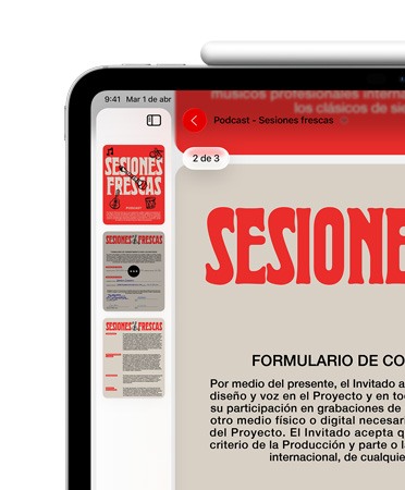 Un iPad, posición horizontal, un Apple Pencil adherido magnéticamente al borde superior, la parte superior izquierda de la pantalla muestra un archivo PDF en la app Vista Previa