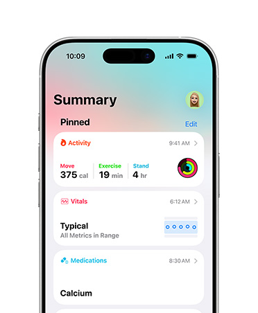 Pinned health summary on iPhone