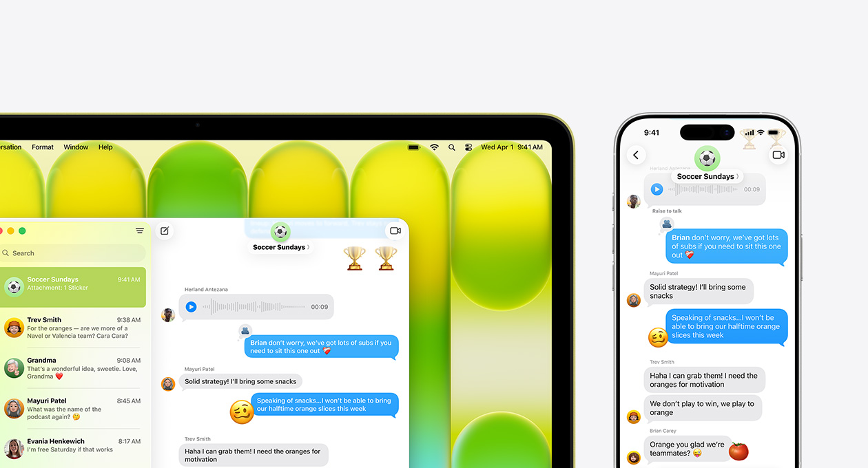 MacBook Neo, citrus colour, showing group chat in Messages app titled ”Soccer Sundays” and other recent messages, iPhone next to it shows same group chat