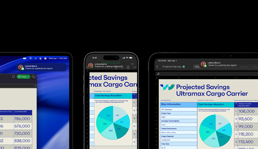A spreadsheet and text message displayed on a suite of devices, including Apple Watch, iPhone, Mac and iPad.