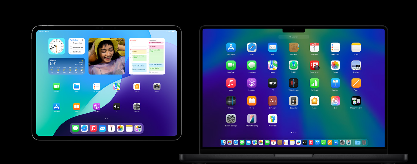 An iPad and a Mac displaying various app icons. The iPad shows several widgets, including Calendar, Weather, and Photos.