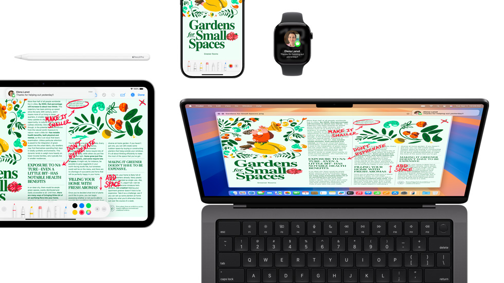 A suite of devices including an iPad, iPhone, Watch, and Mac, all featuring the same content.