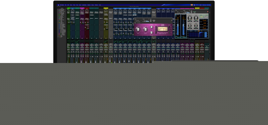 Studio Display and a Mac laptop showing a session in Pro Tools with Splice integration, the nano-texture glass helps reduce reflectivity on the dark program screen