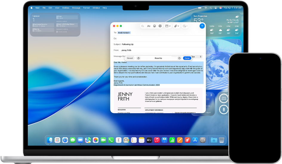 Mac z widocznymi Narzędziami pisania oraz iPhone z widoczną funkcją tłumaczenie na żywo w aplikacji Wiadomości