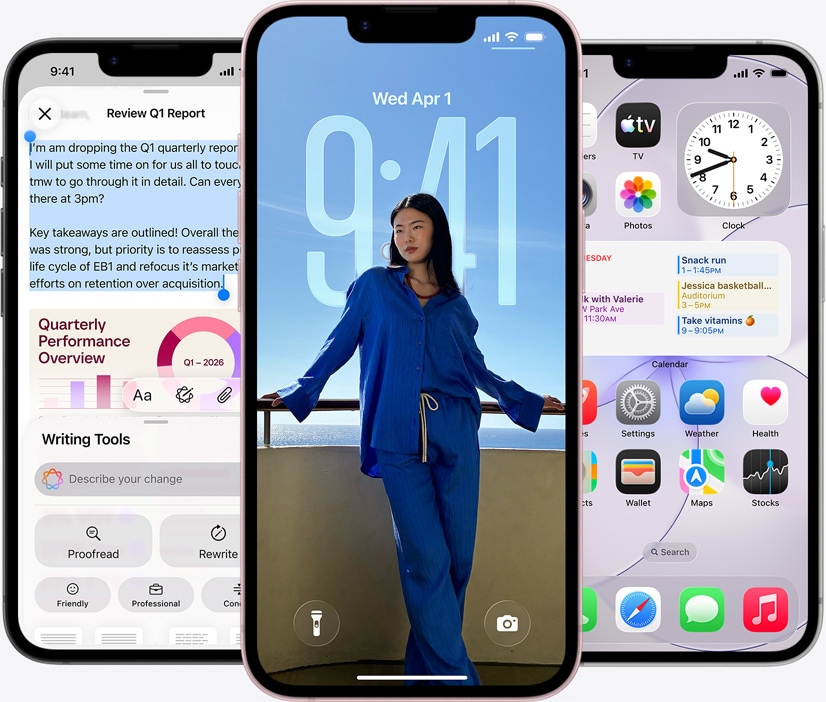 Trzy urządzenia iPhone 17e, widok z przodu, na ekranach: zrzut ekranu, na którym widać uruchomione Narzędzia pisania, ekran blokady ze zdjęciem i aplikacja Wiadomości wysyłająca wiadomości przez satelitę