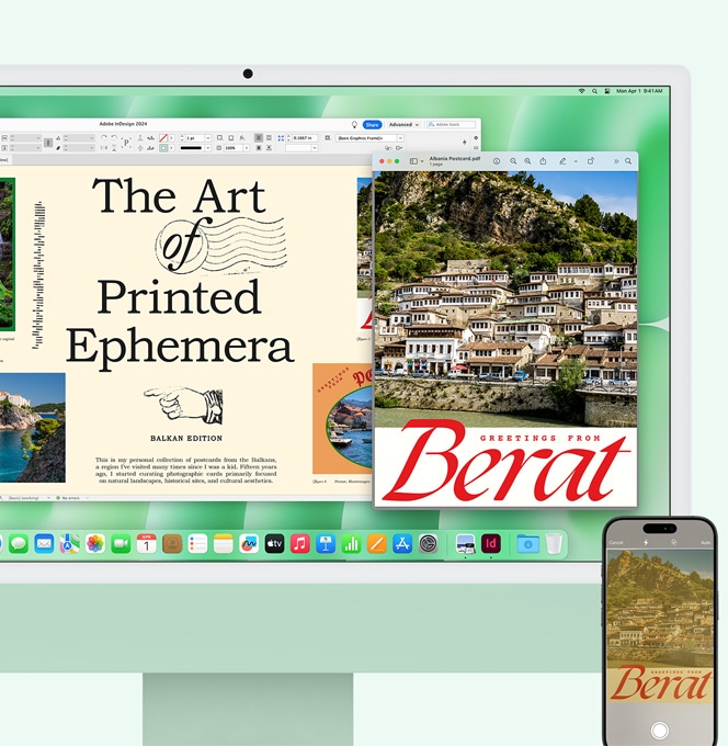 iMac Verde și iPhone așezate unul lângă celălalt. Un document scanat pe iPhone apare pe ecranul de iMac