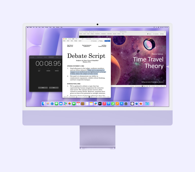 iMac Violet: pe ecran rulează aplicațiile Microsoft Word, Microsoft PowerPoint și Ceas