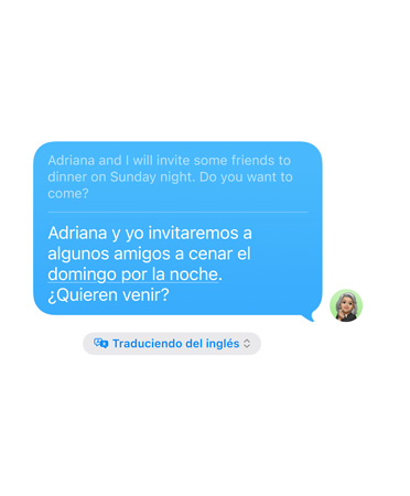 Live Translation in Messages feature in use showing translation from English to Spanish