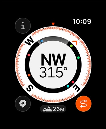 Funkcia Návrat, ukazovatele: kompas, prevýšenie, označené body na trase