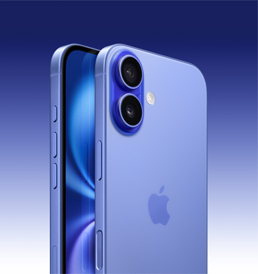 iPhone 16 สีน้ำเงินอัลตร้ามารีน, แสดงหน้าจอบางส่วนและมุมมองเอียงข้างที่แสดงให้เห็นปุ่มแอ็คชั่น ปุ่มปรับระดับเสียง และปุ่มด้านข้าง ภายนอกด้านหลังแสดงให้เห็นระบบกล้องคู่สุดล้ำที่มุมบนซ้าย