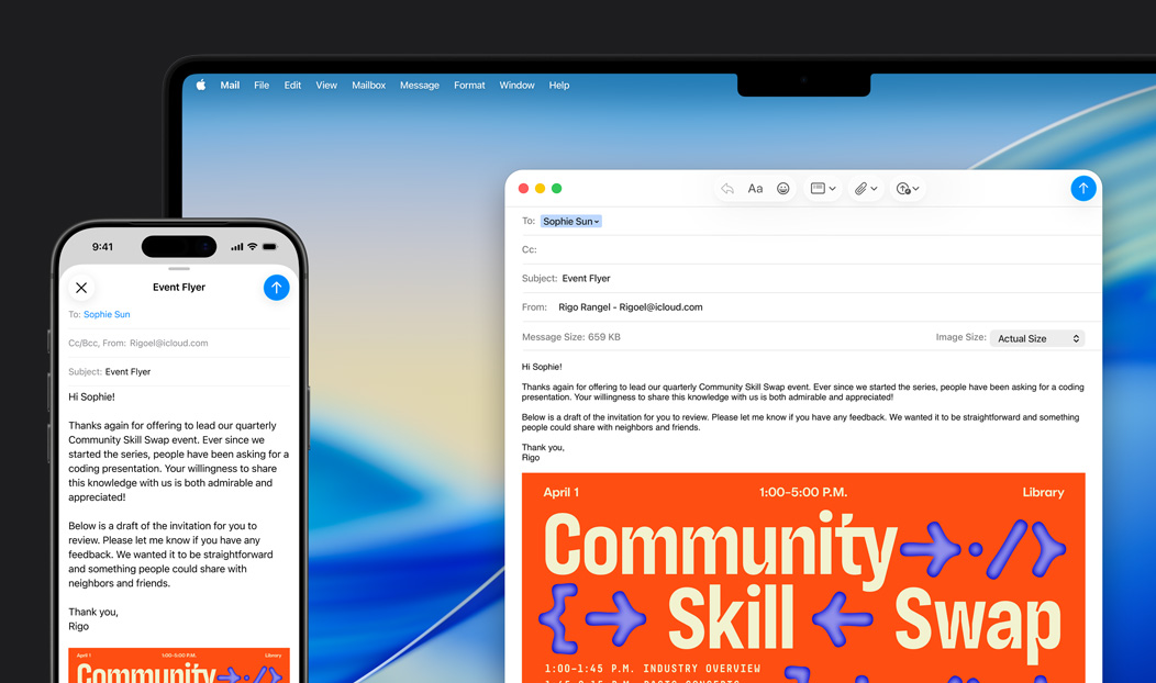 iPhone 16 Plus และ MacBook Pro, แอปเมลที่เปิดอยู่, ร่างอีเมลฉบับเดียวกันเปิดอยู่บนทั้งสองหน้าจอ