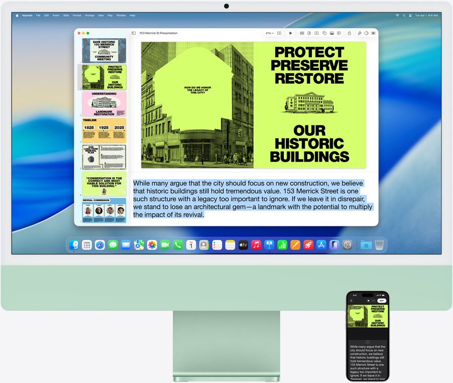 iMac และ iPhone 16 Plus, แอป Keynote ที่เปิดอยู่บน iMac, สไลด์และโน้ตของผู้นำเสนอที่แสดงอยู่บน iPhone