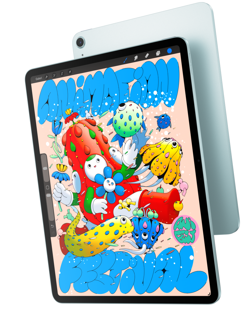 Ön dış yüzey, ekranında Procreate uygulaması görülen 13 inç iPad Air modeli mavi renkli bir iPad Air’in arka dış yüzeyinin üzerinde duruyor