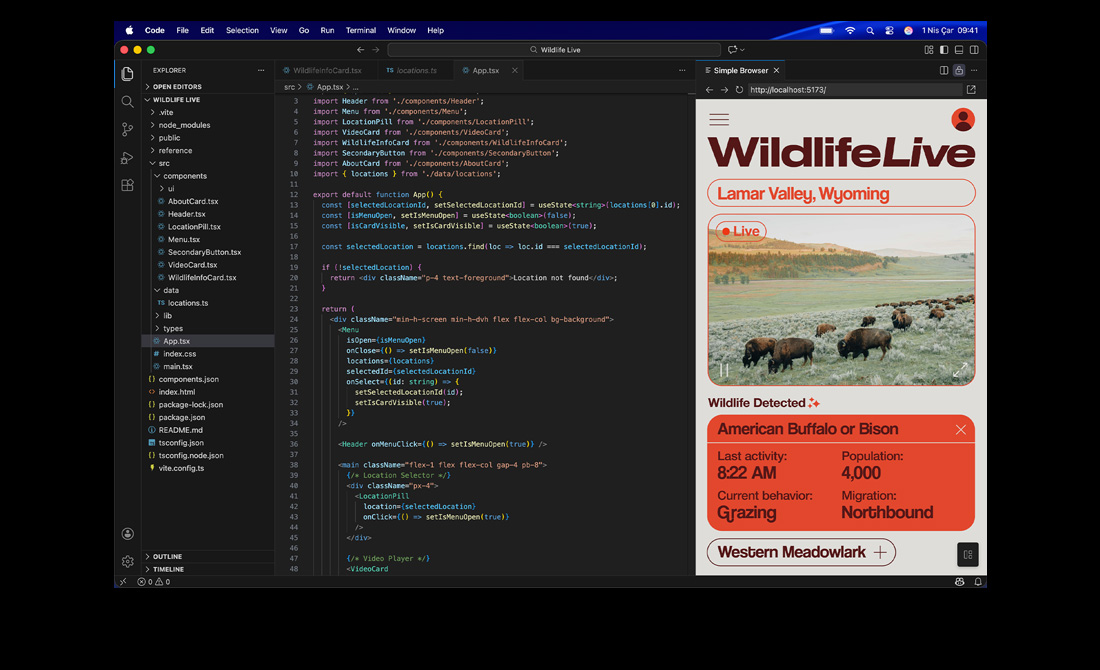 MacBook Pro ekranında bir kişinin Visual Studio Code’u kullanarak uygulama kodu yazdığı gösteriliyor