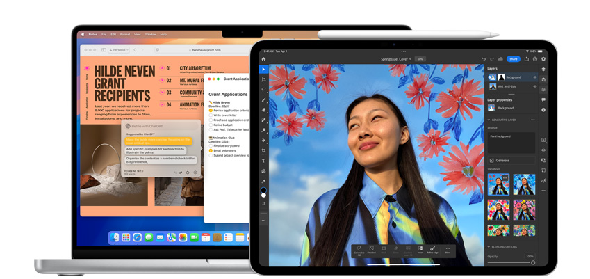 MacBook 和 iPad 螢幕上展示著整合了 AI 功能的 app