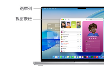 14 吋 MacBook Pro 螢幕展示 macOS 導覽畫面，以線條標示選單列和視窗按鈕的位置。