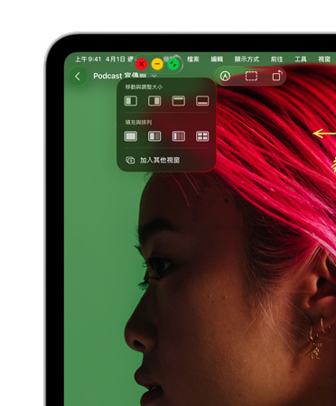 各種視窗控制項目：紅色按鈕可關閉視窗，黃色按鈕可將視窗縮到最小，綠色按鈕能縮放視窗，還有能隨意移動、調整大小和排列方式的更多視窗選項