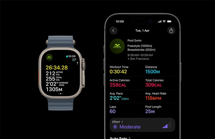 Apple Watch Ultra 3 у титановому корпусі натурального кольору, ремінець Ocean сталевого синього кольору, активне тренування з плавання, розширений аналіз показників тренування на iPhone
