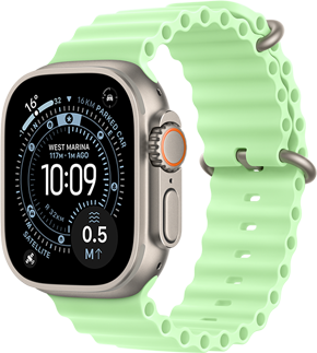 Apple Watch Ultra 3, natural colour, titanium case, Orienteering watch face, complications: UV Index, Activity, Satellite, Compass, right side exterior, Digital Crown, microphone, side button, Ocean Band, neon green colour